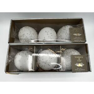 6 Tinsel & Fur Glass Christmas Ornaments White w/ Silver Faux Snowfall 3"
